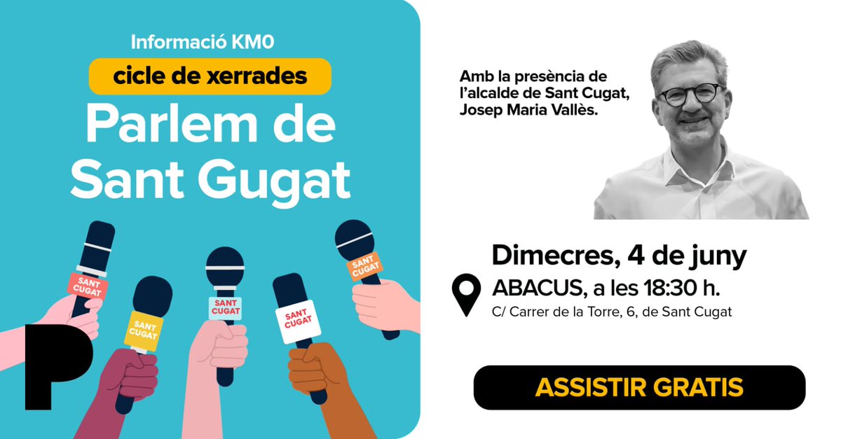 Aj. Sant Cugat (@ajsantcugat) on Twitter photo Vols parlar de #SantCugat amb l'alcalde <a href="/josepmvalles/">Josep Maria Vallès</a>
?
T'esperem el dia 4 de juny a <a href="/abacus_botigues/">Abacus Botigues</a>
Inscriu-te al cicle de xerrades Km0 d'<a href="/elperiodico_cat/">El Periódico</a> 👇 elperiodico.cat/ca/event/ajunt… Vols parlar de #SantCugat amb l'alcalde <a href="/josepmvalles/">Josep Maria Vallès</a>
?
T'esperem el dia 4 de juny a <a href="/abacus_botigues/">Abacus Botigues</a>
Inscriu-te al cicle de xerrades Km0 d'<a href="/elperiodico_cat/">El Periódico</a> 👇 elperiodico.cat/ca/event/ajunt…