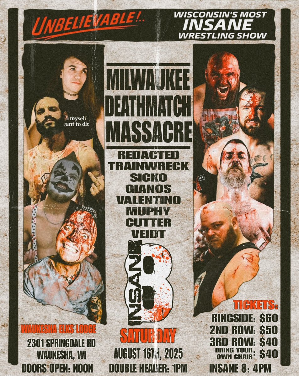 ICWMKE's tweet image. Tickets Go On Sale For Insane 8 2025 in Less Than 1 Week!
Wednesday June 4th at 3pm CST Tickets Will Go On Sale Through Our Facebook Page!
Ringside: $60
2nd Row: $50
3rd Row: $40
GA (Bring Your Own Chair): $40