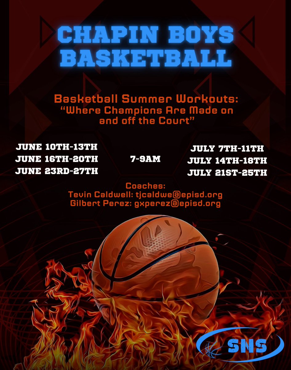 Chapin Boys Basketball (@chapinboysbball) on Twitter photo Chapin Summer Workouts.
Incoming freshman please take note.
#SnS
<a href="/TCaldwellCHS/">Tevin Caldwell</a>
<a href="/coach_martin311/">Mary Martin</a>
<a href="/CoachGPerez1/">CoachGPerez</a> Chapin Summer Workouts.
Incoming freshman please take note.
#SnS
<a href="/TCaldwellCHS/">Tevin Caldwell</a>
<a href="/coach_martin311/">Mary Martin</a>
<a href="/CoachGPerez1/">CoachGPerez</a>