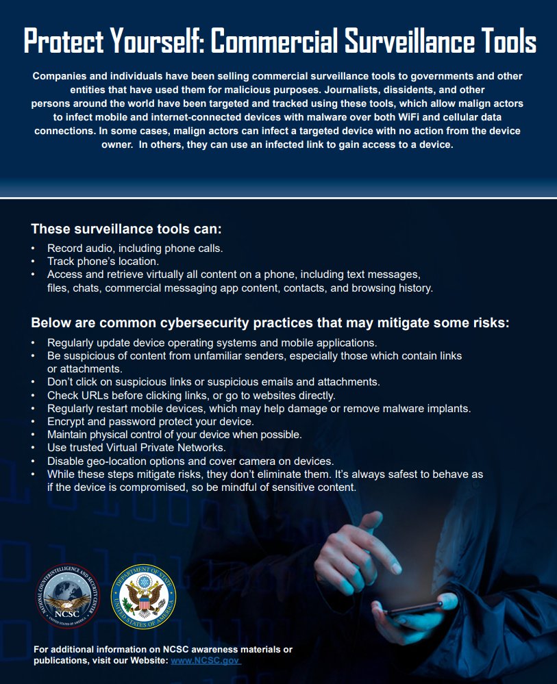 Commercial spyware can help unsophisticated threat actors quickly become serious threats and is often used by hostile foreign governments to target critics around the globe. For mitigation steps, see NCSC’s bulletin: dni.gov/files/NCSC/doc…
