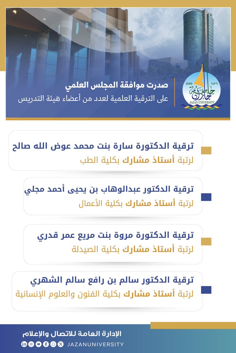 #إنفوجرافيك_الجامعة 📑
صدرت موافقة المجلس العلمي على الترقية العلمية لعدد من أعضاء هيئة التدريس على رتبة أستاذ مشارك.
#جامعة_جازان