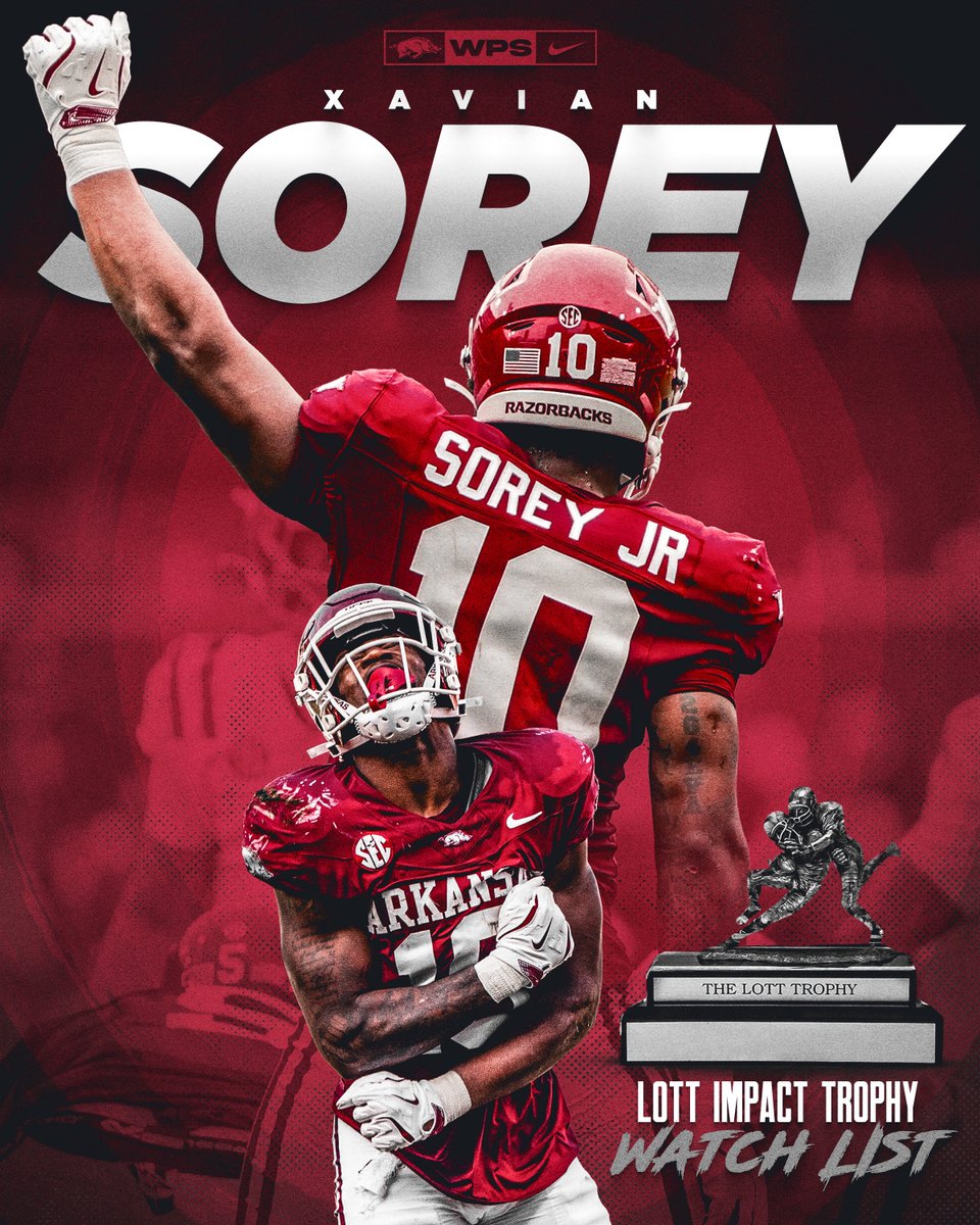 Arkansas Razorback Football (@razorbackfb) on Twitter photo Difference maker ๐ค
Xavian Sorey has been named to the Preseason Lott Impact Trophy watch list ๐ | <a href="/Sorey_Jr/">Xavian Sorey Jr</a> Difference maker ๐ค
Xavian Sorey has been named to the Preseason Lott Impact Trophy watch list ๐ | <a href="/Sorey_Jr/">Xavian Sorey Jr</a>