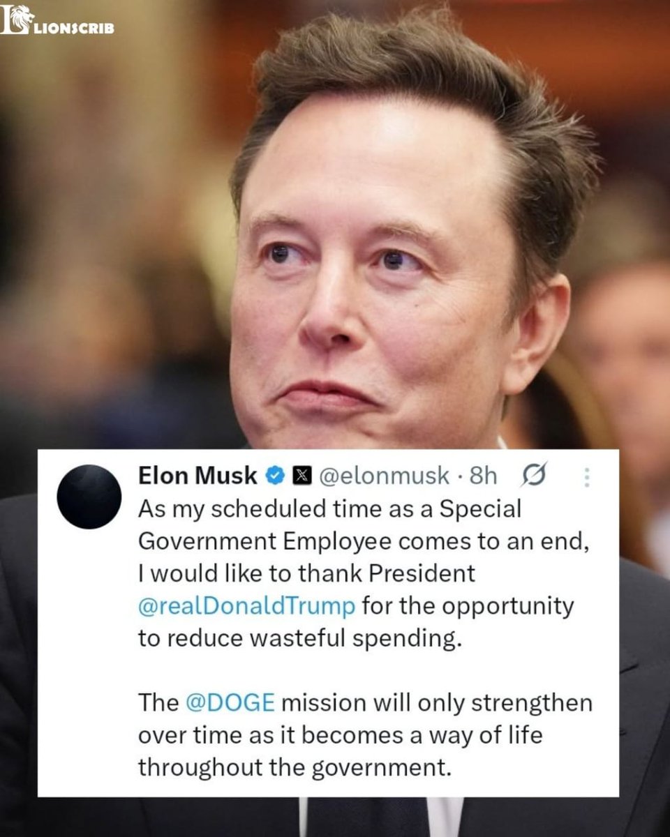 Lionscrib1's tweet photo. Elon Musk is stepping down from his role as a Special Government Employee in the Trump administration. 
.
.
What is next for the DOGE mission? 

#buyingcontent #jeddah #Chelsea #WAEC #Pluto https://t.co/gr8nIBF2lM