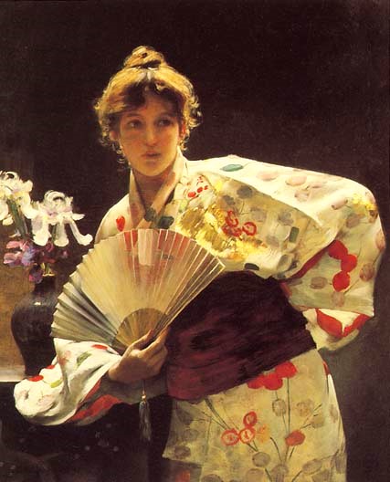 A beauty of a painting by American expatriate artist Charles Sprague Pearce (1851-1914), “Lady with a Fan” of 1883. With Manet, Degas, and Whistler, Sprague used Japanese objects to evoke a “japanesque” painting style, including kimonos, fans, and porcelain in a European setting.