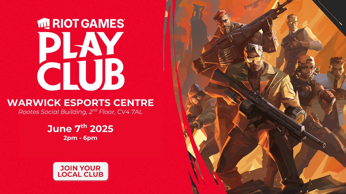 🎮RIOT PLAY CLUB 🥳

We're so excited to once again be hosting a Riot Play Club at <a href="/esportscentre_w/">Warwick Esports Centre</a> ! 

Join us for tourneys, exclusive prizes and to celebrate Valorant's 5th Anniversary! #5YEARSOFVAL #RIOTPLAYCLUB 

Special thanks to <a href="/VALORANTukn/">VALORANT // UK, IE & Nordics</a> for this amazing opportunity.