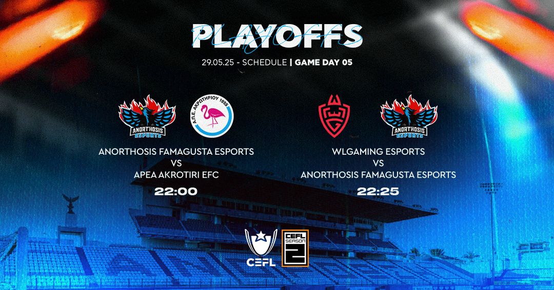 🔥GAMEDAY 05 - PLAYOFFS
⚔️APEA Akrotiri EFC
⏰22:00
⚔️WLGaming Esports
⏰22:25

#For1911Reasons #FreedomToFamagusta #CEFL