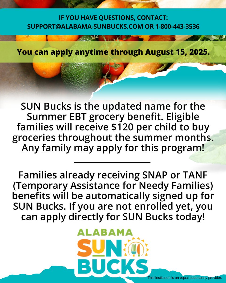 Need summer grocery help? 🍉 Alabama SUN Bucks gives eligible families $120 per child.

Apply Here: alabama-sunbucks.com

Questions? Please email support@alabama-sunbucks.com or call 1-800-443-3536.

<a href="/AndalusiaCS/">Andalusia City Schools</a> #ALschools #AndalusiaCity #Covingtoncounty #CovingtonAlabama
