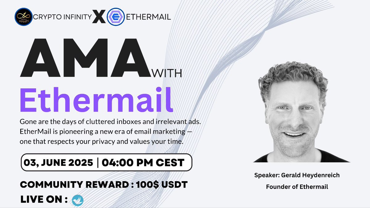Cryptoinfinity || AMA + Spaces 🔊 (@cryptoinfinityt) on Twitter photo 🔊We Are Pleased To Announce Our #X_Space AMA with #Ethermail
🗓Date: 3th June, 2025
⏰Time: 4:00 PM CEST 
💰Rewards: $100 #USDT
🏘Venue:x.com/i/spaces/1ZkKz…
🔰Rules
1️⃣ Follow:x.com/CryptoinfinityT 
 &
x.com/ethermail_io
2️⃣ Like, Retweet & Send Your  Question 🔊We Are Pleased To Announce Our #X_Space AMA with #Ethermail
🗓Date: 3th June, 2025
⏰Time: 4:00 PM CEST 
💰Rewards: $100 #USDT
🏘Venue:x.com/i/spaces/1ZkKz…
🔰Rules
1️⃣ Follow:x.com/CryptoinfinityT 
 &
x.com/ethermail_io
2️⃣ Like, Retweet & Send Your  Question