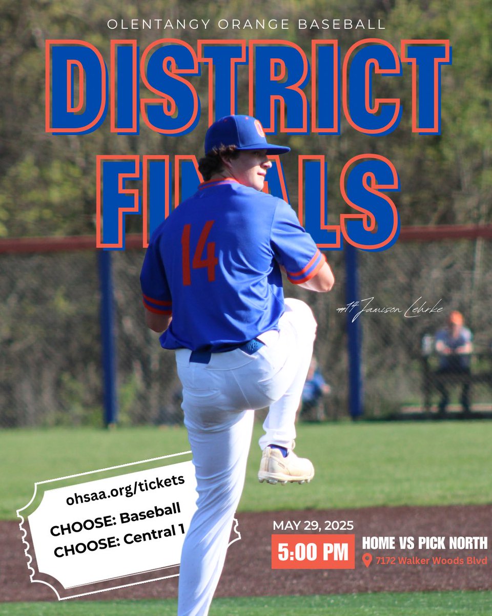 𝗜𝗧’𝗦 𝗚𝗔𝗠𝗘𝗗𝗔𝗬 🍊

Olentangy Orange hosts Pickerington North tonight in the District Finals!

⏰ 5PM
📍HOME (7172 Walker Woods Blvd)
🎟️ ohsaa.org/tickets
Baseball -&gt; Division 1 -&gt; Central 1

#OrangeBaseball | #ICCU
