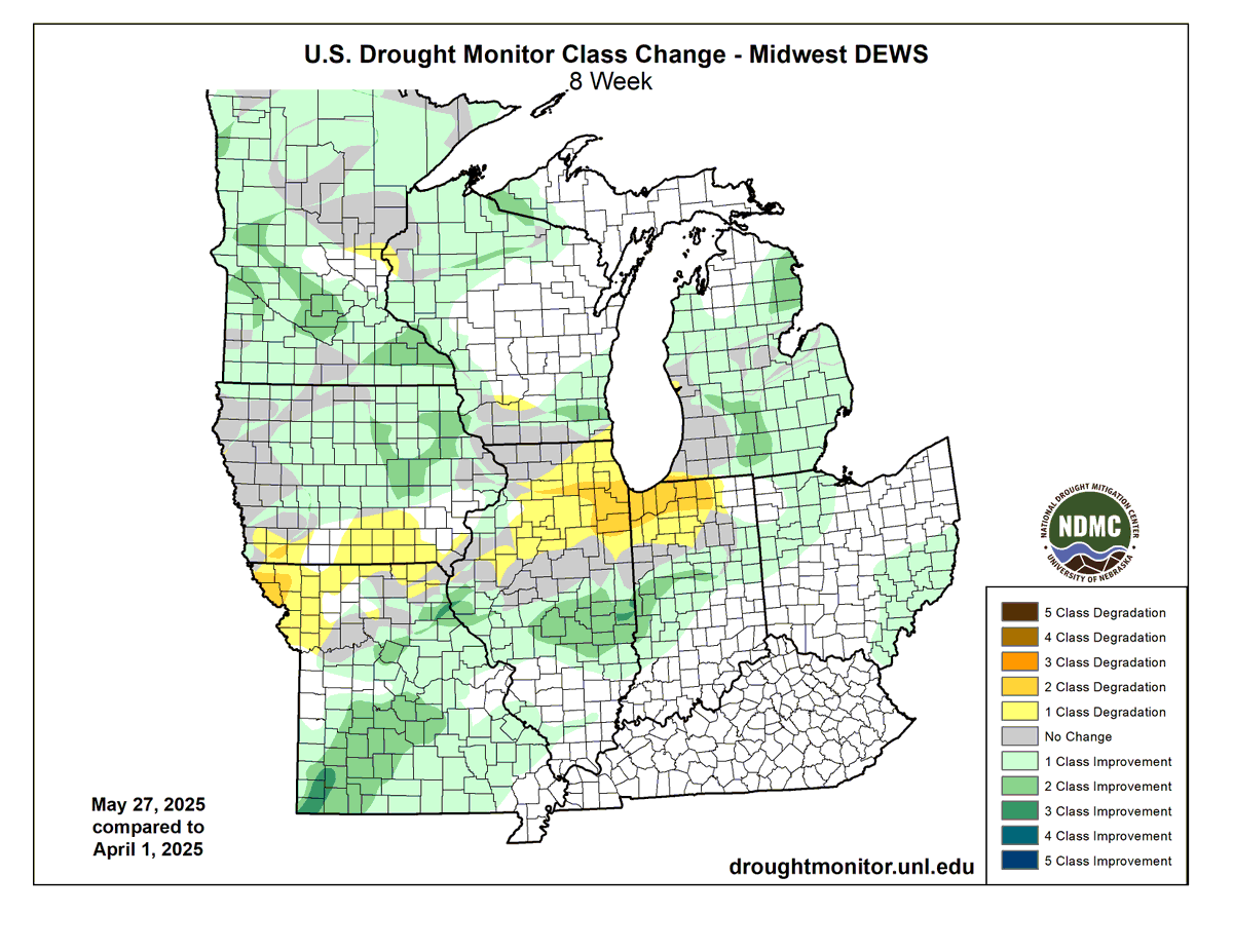 In the last 60 days, the Lower Midwest has been exceptionally wet and the Upper Midwest has mostly been wetter than normal.

In between? Not so much. Parts of IA, MO, IL and a bit of WI/IN have precip deficits between 3 - 6”. #Drought has expanded. drought.gov <a href="/NOAA/">NOAA</a>