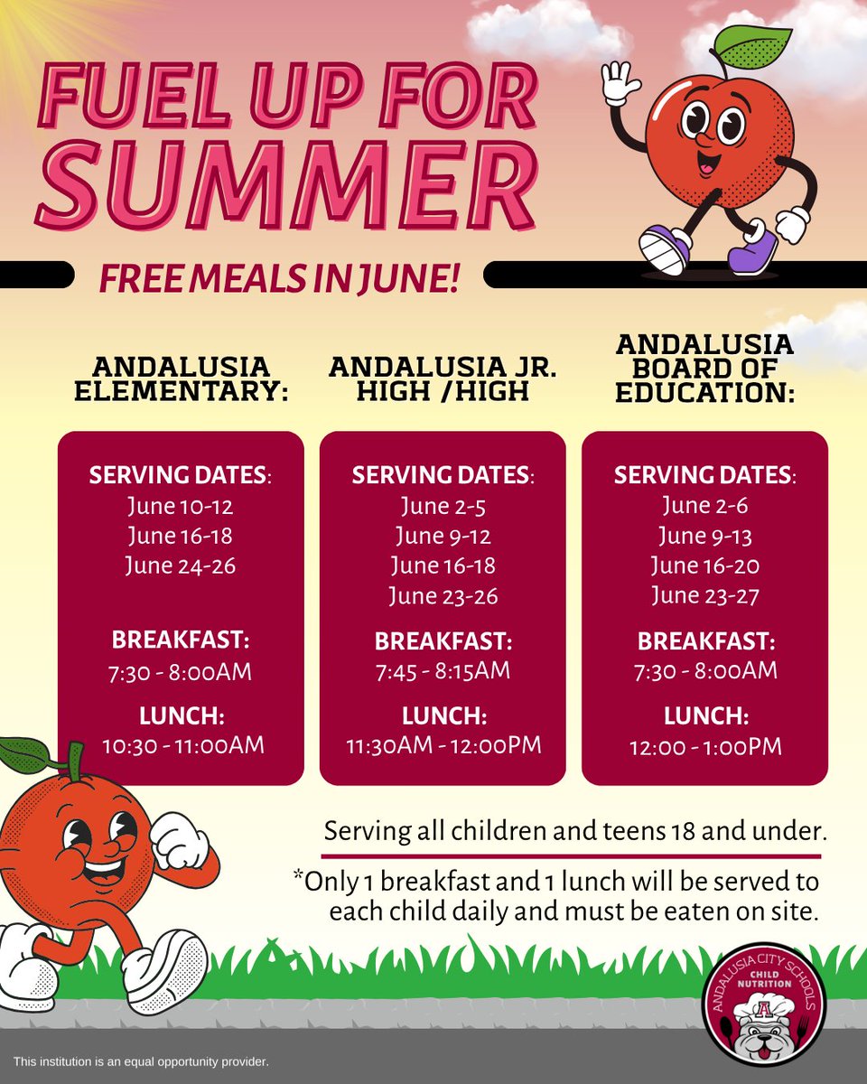 It’s time for summer meals, and they’re free! Keep in mind, all meals must be eaten onsite, so be sure to hang out and enjoy them right here! 🌞🍴

<a href="/AndalusiaCS/">Andalusia City Schools</a> #ALschools #AndalusiaCity #Covingtoncounty #CovingtonAlabama #CovingtonAL #ThatsWhy