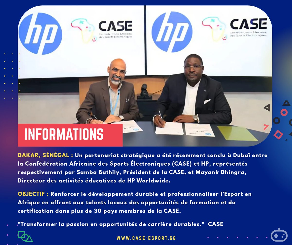 case_africa's tweet photo. 📍 Dakar, Sénégal – Un partenariat stratégique vient d’être signé à Dubaï entre la Confédération Africaine des Sports Électroniques (CASE) et HP, représentés respectivement par Samba Bathily, Président de la CASE, et Mayank Dhingra HP. https://t.co/pgumeP32um