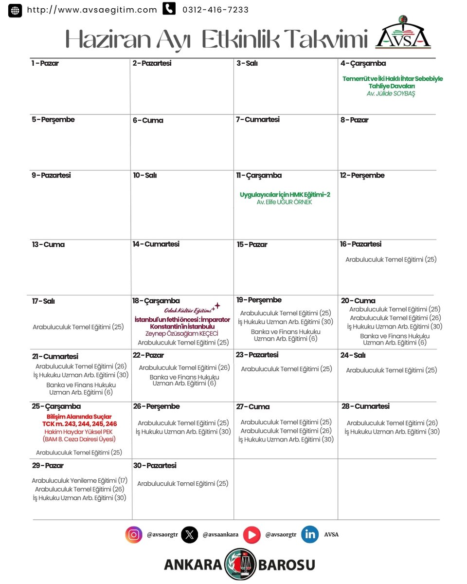Ankara Barosu Avukatlık ve Staj Akademisi -AVSA Haziran ayı etkinlik takvimi yayında!
Etkinliklere katılım için her etkinliğe özgü kayıt prosedürünün tamamlanması gerekmektedir.
Kayıt için: bit.ly/3G2vhzS
<a href="/ankarabarosu/">Ankara Barosu</a> <a href="/muskoroglu/">Av. Mustafa Köroğlu</a> <a href="/basaksonmez/">başak</a>