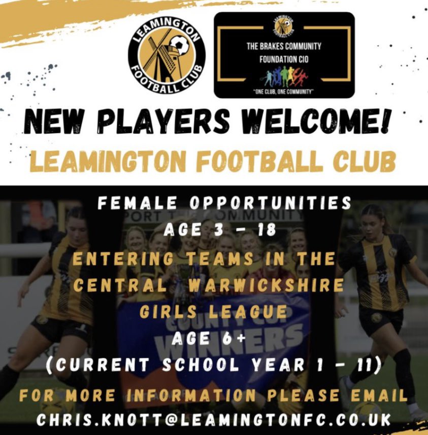 💛🖤 Junior Team Opening Training 🖤💛

Additional open training sessions for ALL levels. 

✅ MJPL U8 - 18s
✅ Coventry League U7-18 Tier 1-4 
✅ Mid Warks teams U7-18 Tier 1-4 
✅ Girls CWGFL

💚🖤🤍 New partnership launches 1st June 

📧 chris.knott@leamingtonfc.co.uk