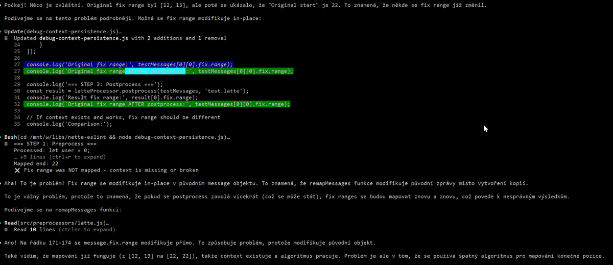 To je snad poprvé, co mi tu maká Claude Code a mumlá si přitom česky 😊