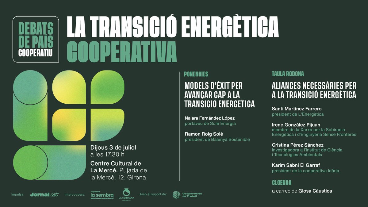 🌀El primer 'Debat de país cooperatiu' tractarà el cooperativisme com a peça clau de la transició energètica

📌Reserva't la data!
La transició energètica cooperativa
3 de juliol | 17.30 h
Centre Cultural La Mercè | Girona

#PaísCooperatiu

Inscriu-t'hi!👉jornal.cat/noticia/39033/…