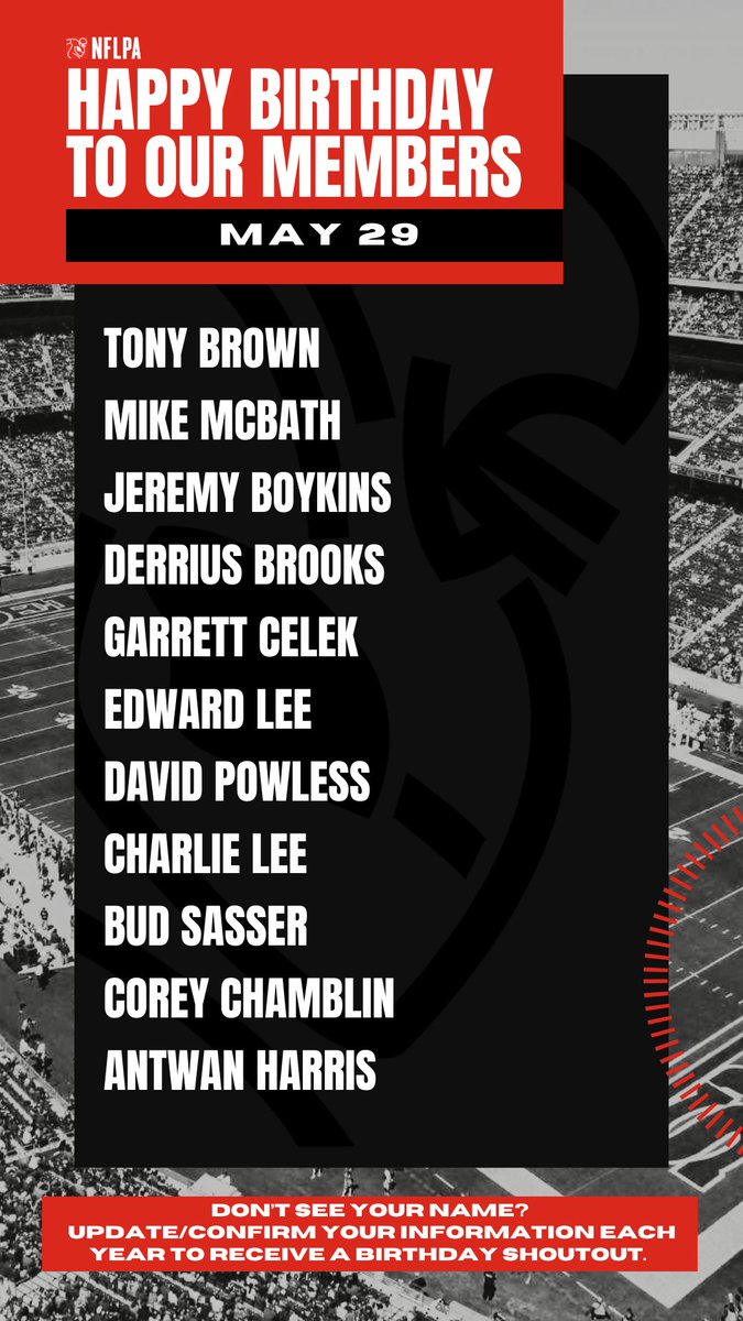 NFLPA Former Players (@nflpafmrplayers) on Twitter photo Happy birthday to our members <a href="/tbrown954/">Tony Brown</a> @MsMcbath @JeremyBoykins <a href="/GetEm_Brooks/">Coach Brooks</a> @GarrettCelek @Ed_ed_andedlee @DavidPowless @CharlieLee <a href="/budsasser21/">Bud Sasser</a> @coachchamb - Enjoy your day! Happy birthday to our members <a href="/tbrown954/">Tony Brown</a> @MsMcbath @JeremyBoykins <a href="/GetEm_Brooks/">Coach Brooks</a> @GarrettCelek @Ed_ed_andedlee @DavidPowless @CharlieLee <a href="/budsasser21/">Bud Sasser</a> @coachchamb - Enjoy your day!