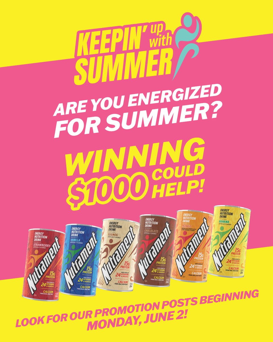 READY FOR SUMMER? 🌞Watch for our posts beginning Monday, June 2, for a chance to fuel the season with great prizes, including an energy-boosting $1,000 summer gift card! 18+ to enter. Official Rules: nutrament.com/rules.

#Nutrament #KeepingUpWithSummer #FuelYourNow