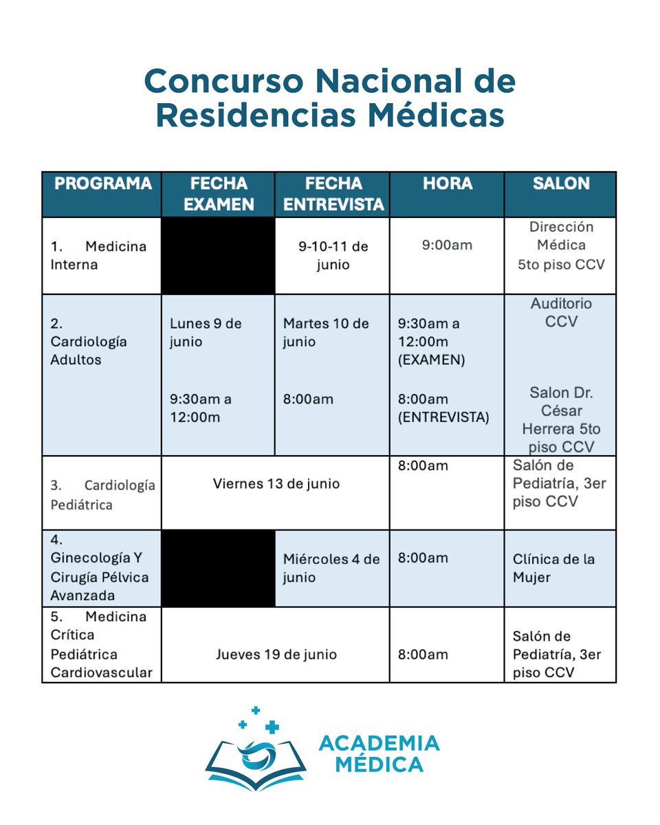 academiacedimat's tweet photo. ¡Atención aspirantes a residencias médicas!

Ya está disponible el calendario oficial de entrevistas y exámenes del Concurso Nacional de Residencias Médicas. Desliza para que conozcas el detalle por programa.

#AcademiaCEDIMAT #CEDIMAT #ResidenciasMedicas #Medicina https://t.co/KgMdOxOS86