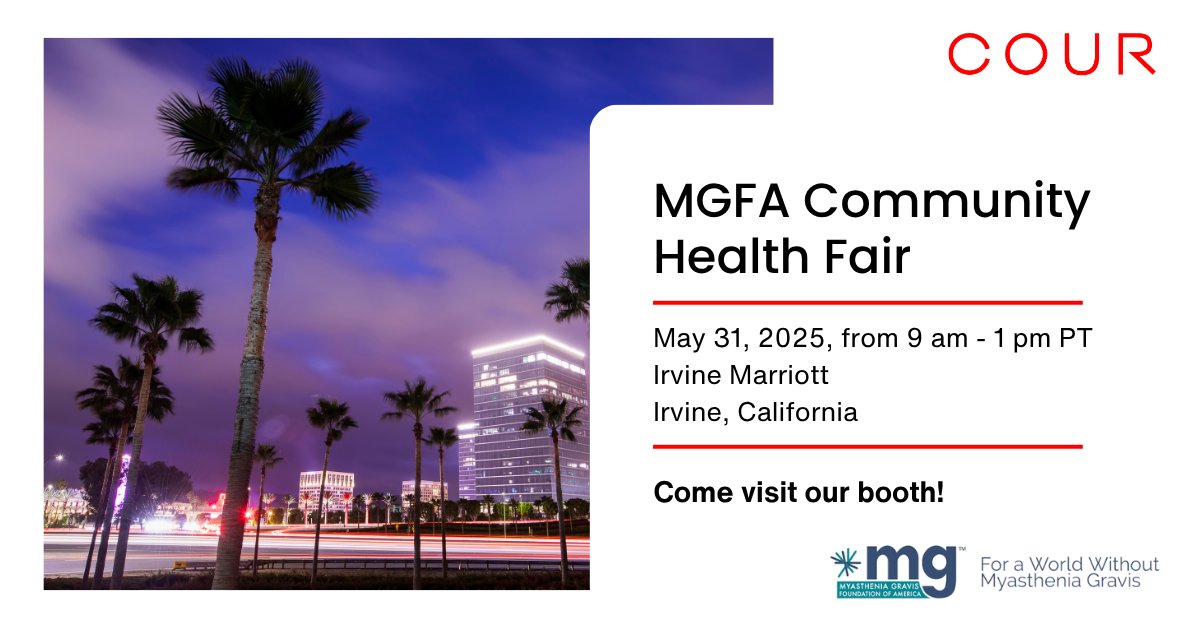 Cour Pharmaceutical Development Company, Inc. (@courpharma) on Twitter photo Join us in Irvine, California, at <a href="/MyastheniaOrg/">Myasthenia Gravis Foundation of America</a>’s Community Health Fair on Saturday, May 31. Members of our team will be there sharing info on the #ClinicalTrial of our investigational treatment for #MyastheniaGravis. Register here: bit.ly/4mx67u5 #MGCommunity Join us in Irvine, California, at <a href="/MyastheniaOrg/">Myasthenia Gravis Foundation of America</a>’s Community Health Fair on Saturday, May 31. Members of our team will be there sharing info on the #ClinicalTrial of our investigational treatment for #MyastheniaGravis. Register here: bit.ly/4mx67u5 #MGCommunity