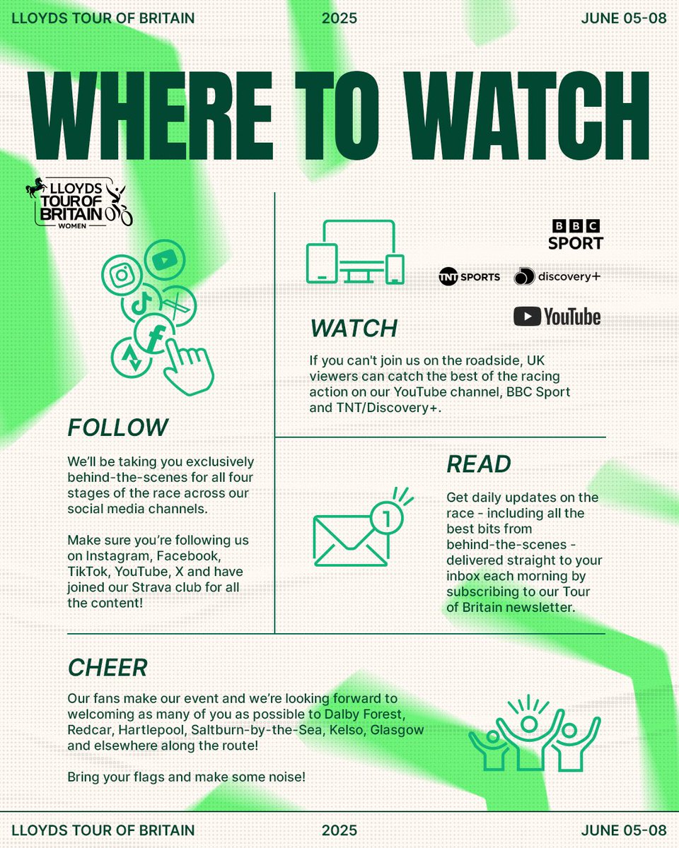 📣Clear your diaries!
📺Catch all the action live from Thursday 5 to Sunday 8 June on BBC Sport, TNT Sport and YouTube. Don’t miss a moment of this unmissable race featuring the best in women’s cycling. 🚴‍♀️💥

#ToB #ToBW #tourofbritain | <a href="/LloydsBank/">Lloyds</a>