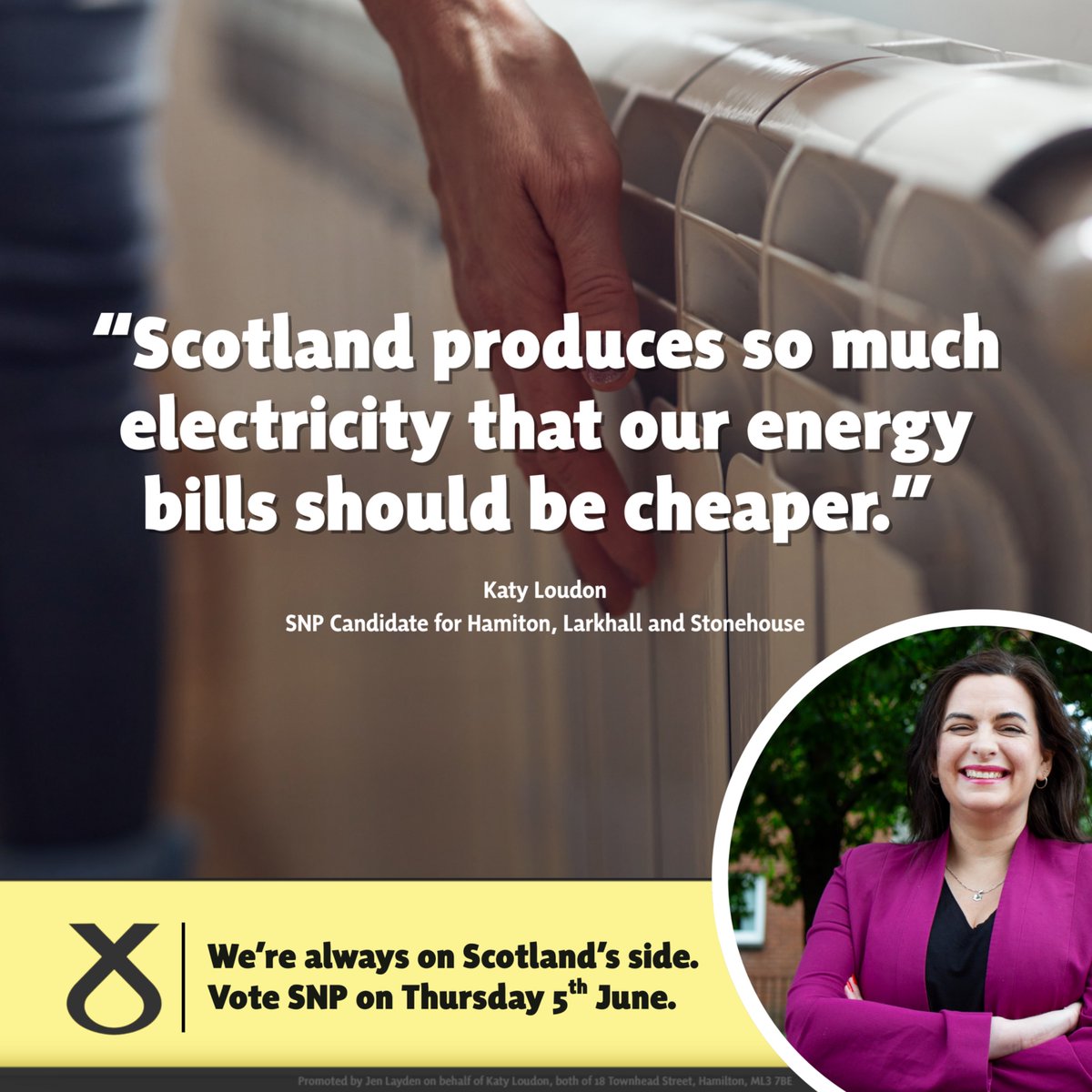 Labour promised to cut bills by £300. Instead, they’ve gone up by £281.

Scotland’s energy should cut bills, create jobs and secure our future.

Vote SNP in Hamilton, Larkhall and Stonehouse on Thursday 5th June.