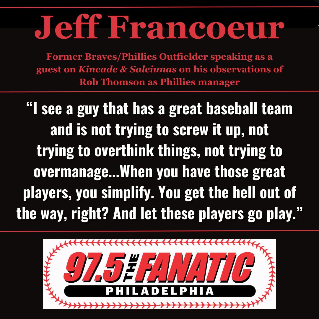 Mutual Braves/Phillies alum Jeff Francoeur went against the "Sleepy Rob" narrative with <a href="/JohnKincade/">John Kincade</a> and <a href="/asalciunas975/">Andrew Salciunas</a>.
He sees Thomson as a manager who does what he needs to do for team of veterans without forcing anything more.