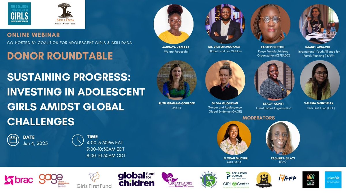 <a href="/CAG_org/">CAG</a> and <a href="/AkiliDada/">Akili Dada</a> invite you to a Donor Roundtable exploring the impact of recent funding shifts, sustainable financing solutions and shared commitment to adolescent girls' rights.   
🗓️June 4, 2025  
🕰️9:00am  EDT/4:00pm EAT/8:00am CDT   

Register: tinyurl.com/8c5jap5y