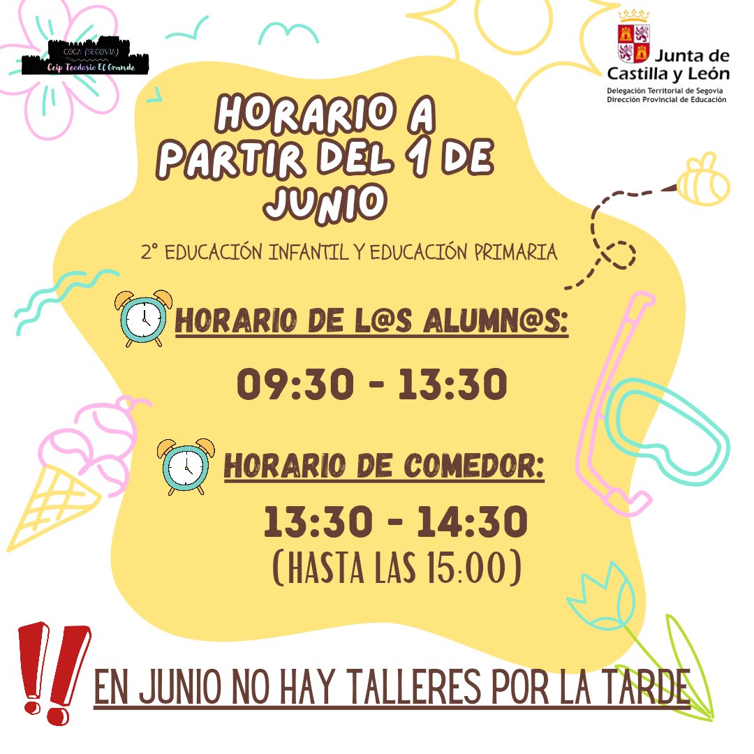 ℍ𝕆ℝ𝔸ℝ𝕀𝕆 𝔸 ℙ𝔸ℝ𝕋𝕀ℝ 𝔻𝔼𝕃 𝟙 𝔻𝔼 𝕁𝕌ℕ𝕀𝕆 
🔸 HORARIO DEL L@S ALUMN@S:
 9:30 - 13:30
🔸 HORARIO DEL COMEDOR:
 13:30 - 14:30 (hasta las 15:00)

‼️Además, os recordamos que en junio ya no hay talleres por las tardes.

👁 ÚLTIMO DÍA DE CURSO: LUNES, 23 DE JUNIO
