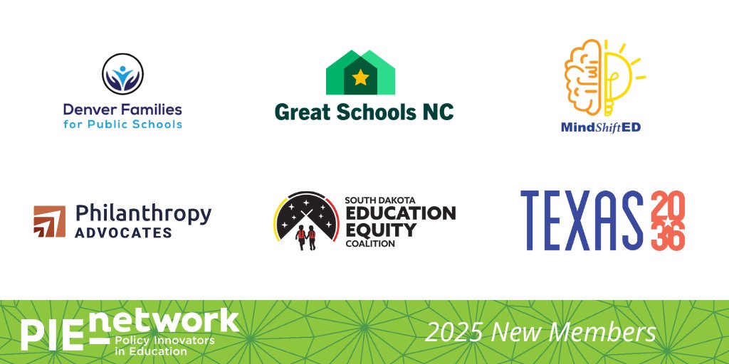 We welcomed six new members to PIE Network this month! These organizations bring new voices to our growing tent of leaders. Please warmly welcome <a href="/denverfamilies/">denverfamilies</a>, Great Schools NC, <a href="/SA_MindshiftED/">MindShiftED</a>, <a href="/TX_philanthropy/">Philanthropy Advocates</a> , <a href="/SDEEC_/">SD Education Equity Coalition</a> , and @texas2036. Learn more about these new members: