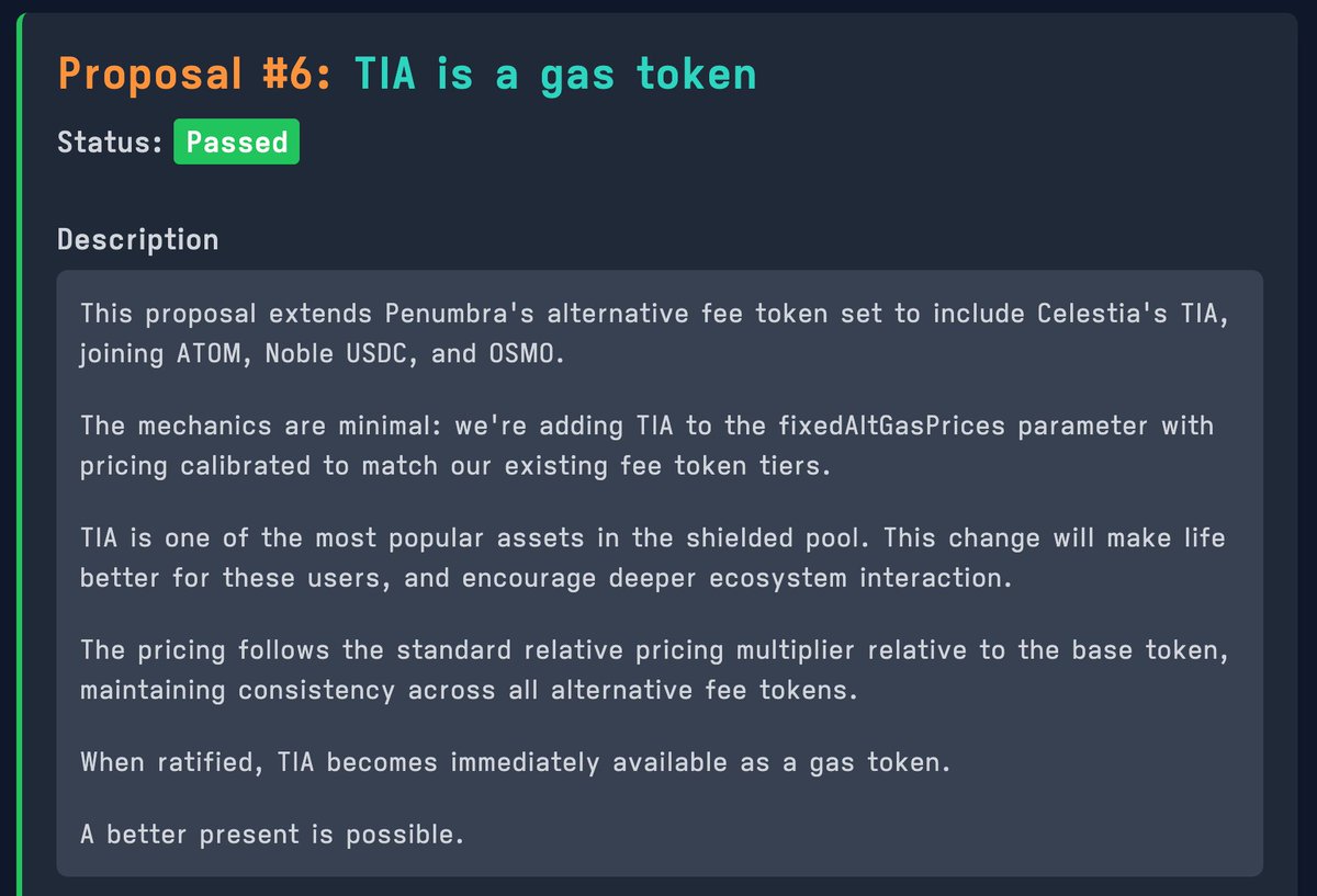 chicxulub✴️ (@motherpredicate) on Twitter photo $TIA is a gas token on <a href="/penumbrazone/">Penumbra 🌘</a> now, meaning that <a href="/celestia/">Celestia 🦣</a>'s ecosystem that freely interact with the shielded pool and transact
modularity meets privacy
celestia $TIA is a gas token on <a href="/penumbrazone/">Penumbra 🌘</a> now, meaning that <a href="/celestia/">Celestia 🦣</a>'s ecosystem that freely interact with the shielded pool and transact
modularity meets privacy
celestia