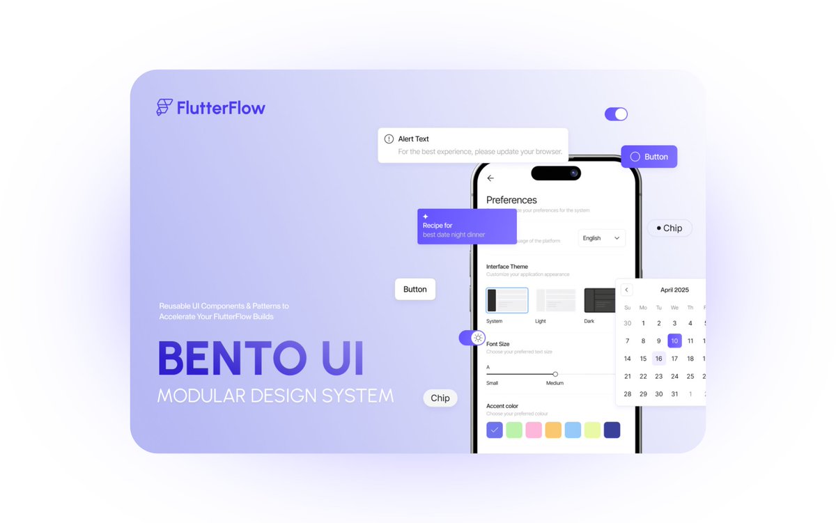 ✨Beautifully designed Bento UI Kit by <a href="/The_Calda/">The Calda</a> now on Marketplace.

Includes buttons, alerts, forms, tabs, sliders, uploaders and more, all styled and optimized for use in FlutterFlow.