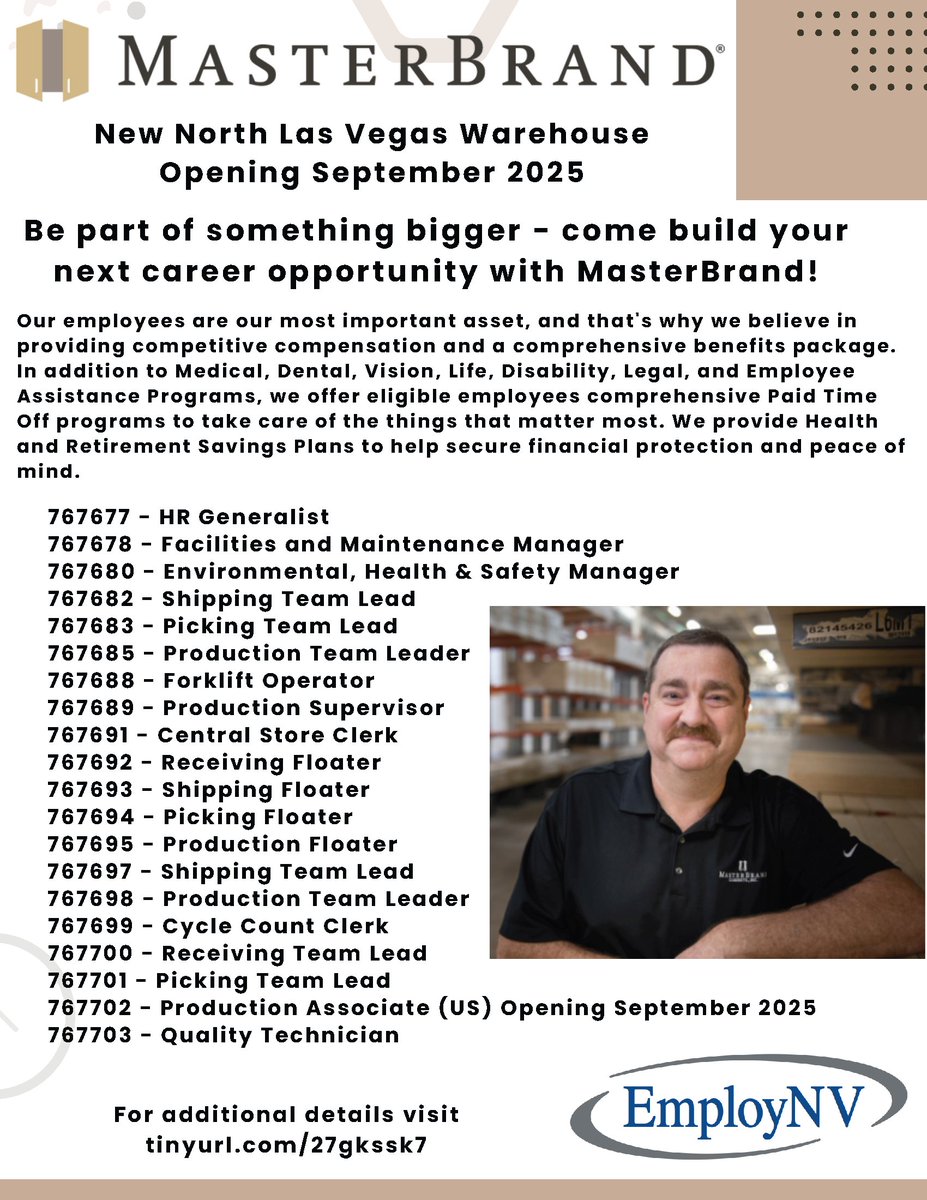 MasterBrands is opening a #NEW Warehouse in North Las Vegas coming September 2025! The company is staffing all positions. Explore these opportunities at tinyurl.com/27gkssk7 or visit any EmployNV Career Hub for in-person assistance.
✔️ Competitive #Pay
✔️ Benefits
✔️ PTO