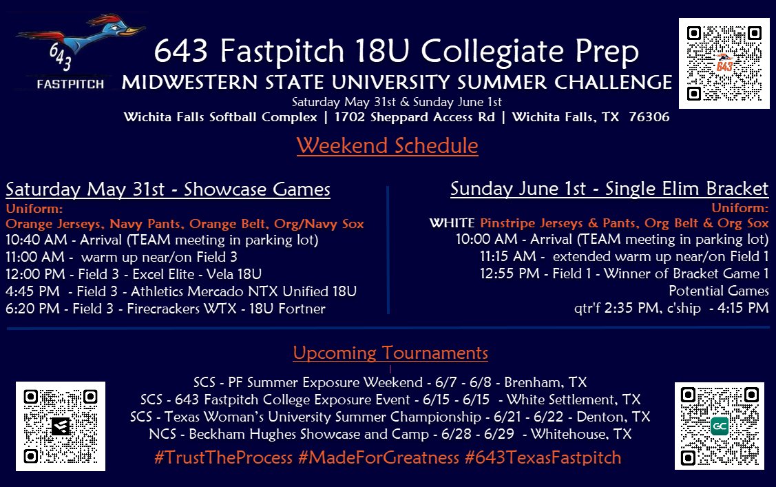 643TexasFastpitch18Showcase (@643fastpitch18u) on Twitter photo 643 will have 3 teams - 45 collegiate prospects - playing in Wichita Falls, TX this weekend. <a href="/coachjohnnytxo/">Johnny Garcia</a> <a href="/OuachitaSB/">Ouachita Softball</a> <a href="/SBRRetweets/">Softball Recruiting Reposts</a>, <a href="/SEUSoftball/">St. Edward's Softball</a>, <a href="/ImpactRetweets/">Impact Promotions</a>, <a href="/IslandersSball/">Islanders Softball</a>, <a href="/LoneStarConf/">Lone Star Conference</a>, <a href="/TopPreps/">SPORTS NEWS, VIDEOS, GRAPHICS, EXPOSURE & MORE</a>, <a href="/LegacyLegendsS1/">Legacy & Legends Softball</a>, <a href="/PlaySoftballNet/">Play Softball</a>, <a href="/SoftballPros/">CollegeSoftballProspects</a> 643 will have 3 teams - 45 collegiate prospects - playing in Wichita Falls, TX this weekend. <a href="/coachjohnnytxo/">Johnny Garcia</a> <a href="/OuachitaSB/">Ouachita Softball</a> <a href="/SBRRetweets/">Softball Recruiting Reposts</a>, <a href="/SEUSoftball/">St. Edward's Softball</a>, <a href="/ImpactRetweets/">Impact Promotions</a>, <a href="/IslandersSball/">Islanders Softball</a>, <a href="/LoneStarConf/">Lone Star Conference</a>, <a href="/TopPreps/">SPORTS NEWS, VIDEOS, GRAPHICS, EXPOSURE & MORE</a>, <a href="/LegacyLegendsS1/">Legacy & Legends Softball</a>, <a href="/PlaySoftballNet/">Play Softball</a>, <a href="/SoftballPros/">CollegeSoftballProspects</a>