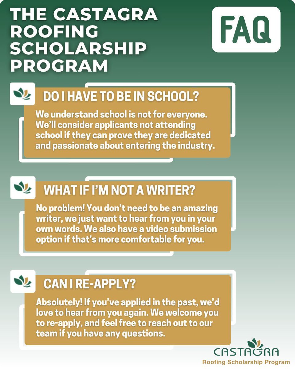 Do you have any other questions about the Castagra Roofing Scholarship Program? 

Learn more at castagra.com/scholarship

#roofing #roofers #roofingindustry