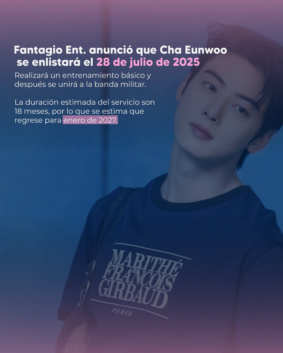 Hoy es un día triste para los fans del #kpop y los #kdramas 😞 #chaeunwoo confirma su enlistamiento el próximo 28 de julio.
Se estima que el actor e integrante de #ASTRO terminará su servicio para enero de 2027. ¡#Aroha tengan fuerza! 🤧💔