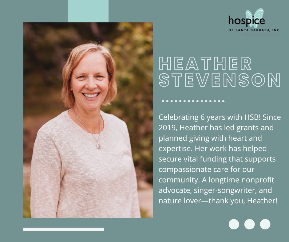We’re thrilled to celebrate Heather’s 6-year anniversary with Hospice of Santa Barbara! Since early 2019, Heather has played a vital role in grants management and planned giving outreach. Thank you, Heather, for your dedication and heart!

#Staff #CompassionateCare #HSB