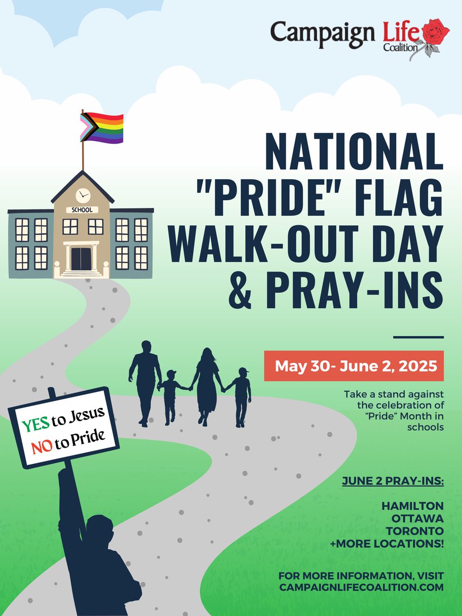 On Fri. May 30 &amp; Mon. June 2, many schools will raise the LGBT "Pride" flag to celebrate "Pride Month".

Keep your kids and grandkids home from school on those days as a way to protest the LGBT Pride flag.

Join the National "Pride" Flag Walk-Out Day! tinyurl.com/4vtw7njf