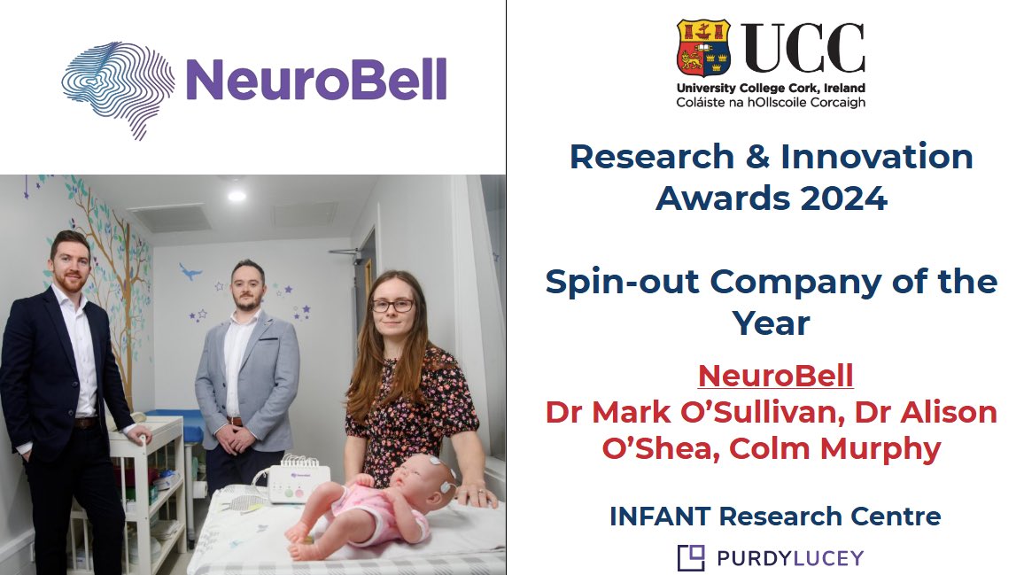 uccinnovation's tweet image. The #UCCResearchInnovationAwards Award for Spin-out Company of the Year goes to @neurobell_. Neurobell aims to revolutionize seizure detection in newborns in NICUs, crucial for early intervention in brain injury cases like epilepsy and cerebral palsy. Congratulations Neurobell!