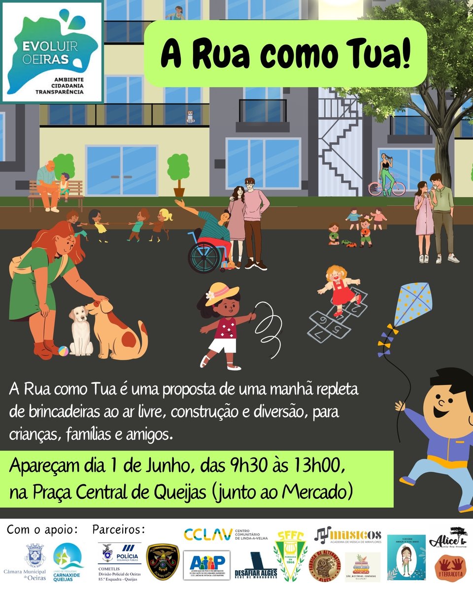 O evento A Rua como Tua! está mesmo quase a chegar!
🥳 Domingo, 1 de junho | 9h30–13h00 | Praça Central de Queijas
Um evento gratuito e cheio de atividades para crianças, famílias e vizinhos!
Vem viver a rua connosco.
#ARuaComoTua #DiaDaCriança #EvoluirOeiras #BrincarNaRua