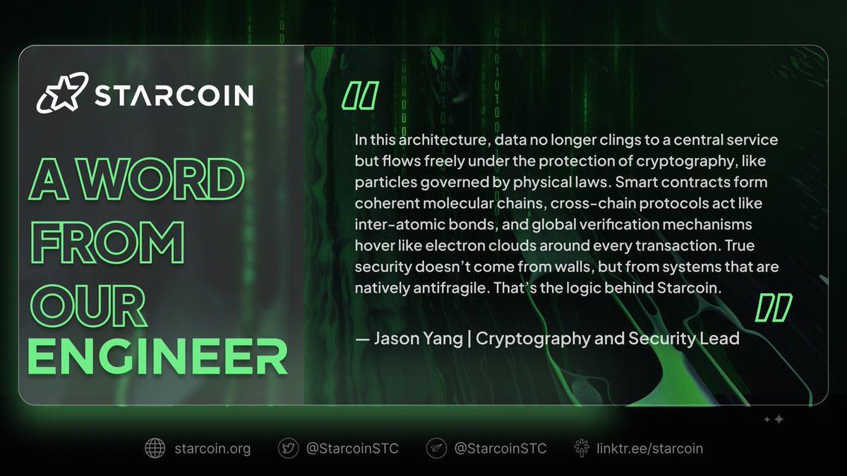 ✨ Starcoin Builders' Note #4

"...True security doesn’t come from walls, but from systems that are natively antifragile. That’s the logic behind Starcoin." 

~ Jason Yang. Cryptography and Security Lead
