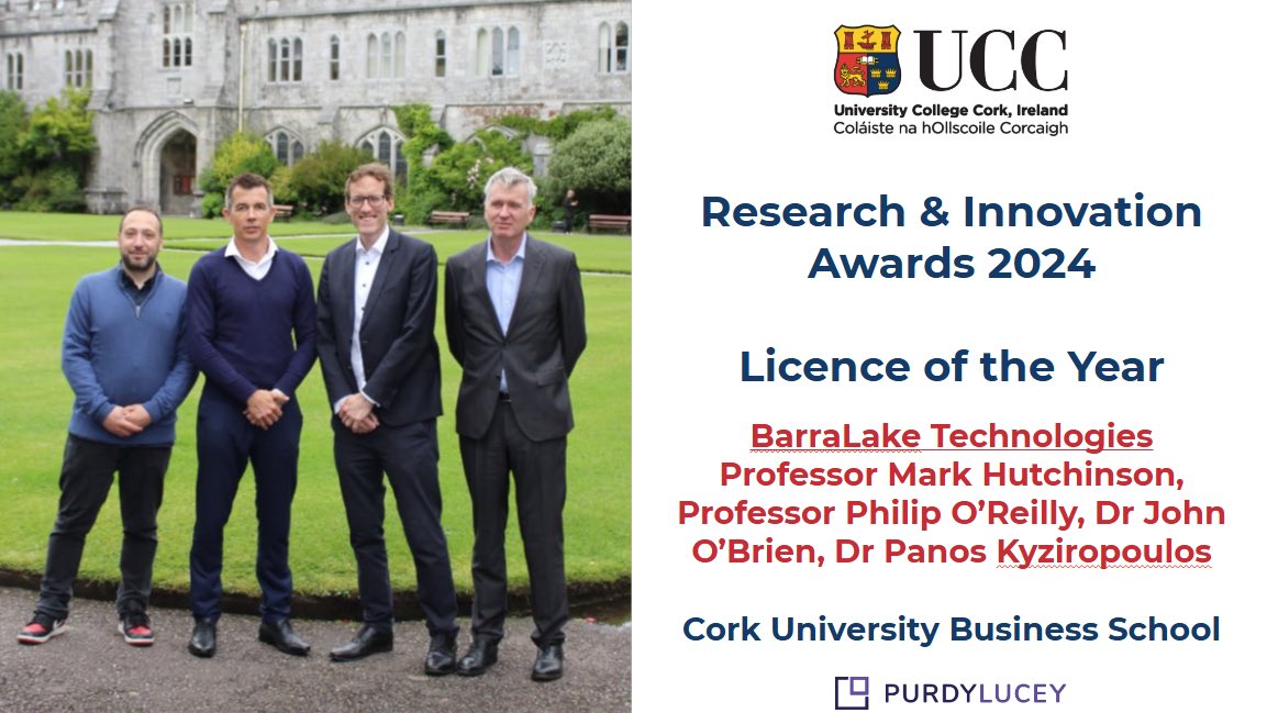 uccinnovation's tweet image. Congratulations to the BarraLake team - Professor Mark Hutchinson, Professor Philip O'Reilly, Dr John O’Brien, Dr Panos Kyziropoulos - on receiving the Licence of the Year Award at the #UCCResearchInnovationAwards. Their technology advances research and understanding of Fintech.