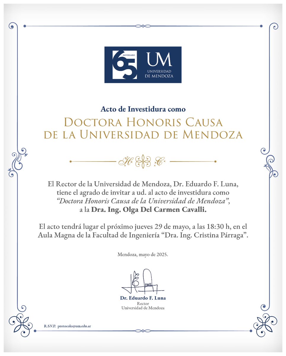 Hoy a las 18:30 hs seré investida #Doctora #Honoris #Causa por la Universidad de Mendoza
Pueden seguir la ceremonia en este link us06web.zoom.us/j/82605358165
Agradezco quienes han colaborado en el desarrollo de mi carrera para lograr este reconocimiento
um.edu.ar/noticias/acto-…