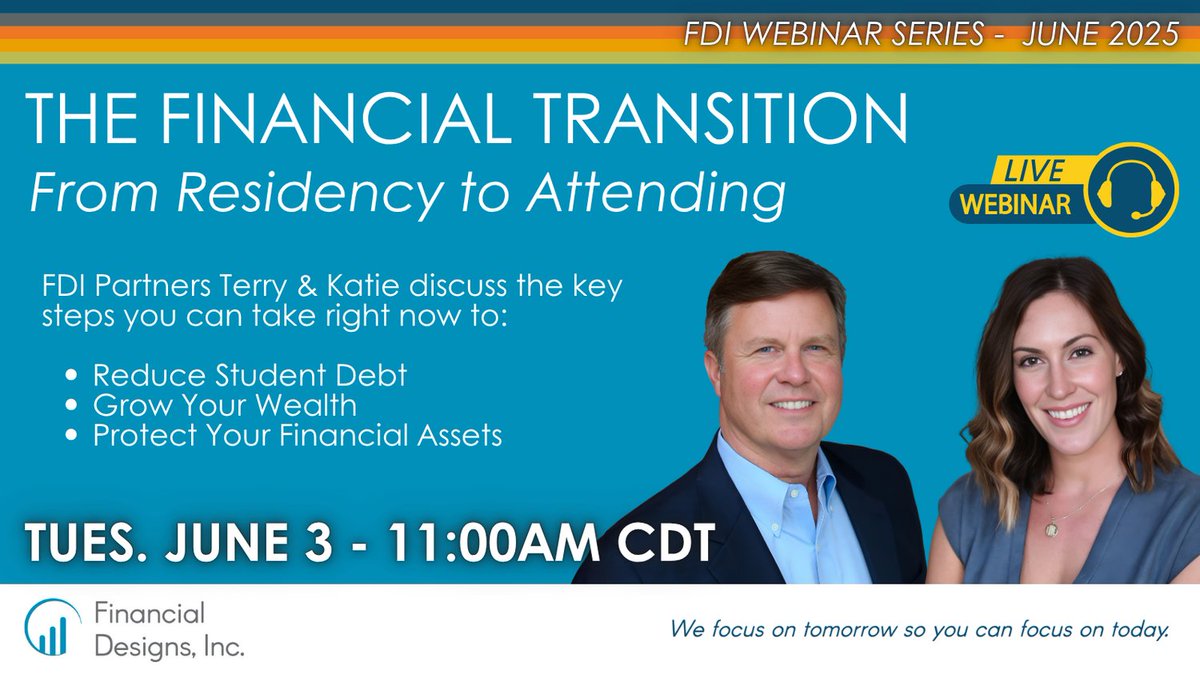 FinancialDesig1's tweet photo. 🚨 Resident physicians! Ready to level up?
Join FDI Partners Terry &amp; Katie for a free 30-min webinar:
The Financial Transition – From Residency to Attending
🗓️ Tues, June 3 | 🕚 11AM CDT
💸 Debt ↓ Wealth ↑

🔗 https://t.co/gfReBWjQQf
#physicianfinance #FDIteam #residencylife https://t.co/RDwAEPjx0f