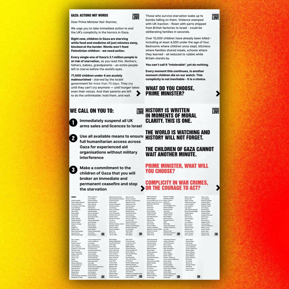 Dua Lipa, Annie Lennox, Nicola Coughlan, and Benedict Cumberbatch are among over 300 public figures to sign an open letter urging Keir Starmer to “the end UK’s complicity in the horrors in Gaza.”

The letter calls for the immediate suspension of all UK arms sales to Israel,