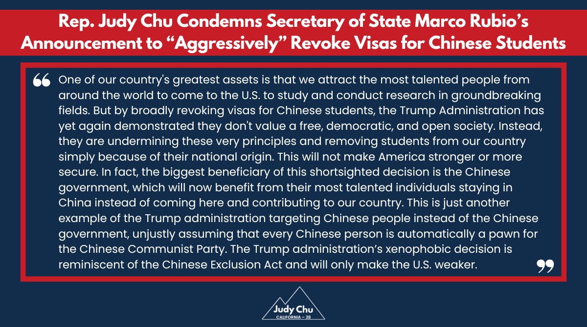 As the first Chinese American woman elected to Congress and Chair Emerita of <a href="/CAPAC/">CAPAC</a>, I am disgusted by Secretary of State Marco Rubio’s statement that the U.S. will 'aggressively' revoke visas for Chinese students. nytimes.com/2025/05/28/us/…