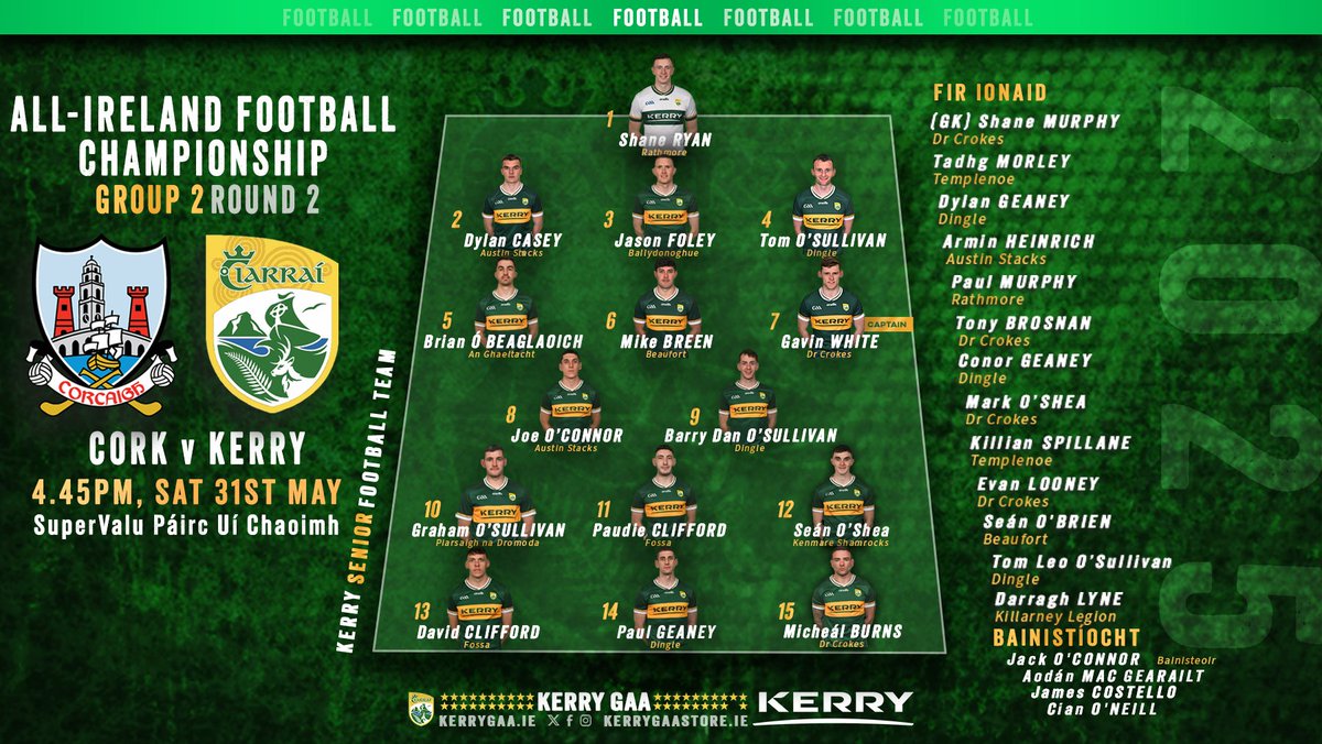 Team Announcement: Kerry vs Cork, All-Ireland Senior Football Championship, Group 2, Round 2

Full team news here: kerrygaa.ie/2025/05/team-a…

#WeAreKerry #CiarraíAbú