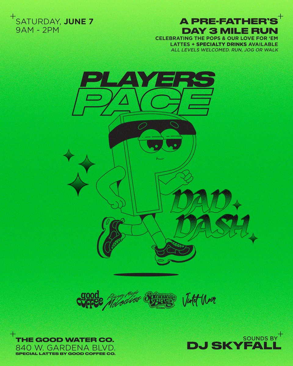 TENSIXTEEN STUPID (@sham1016_) on Twitter photo We back at again on our program. Players Pace: Dad Dash next Saturday, June 7th.
We celebrating the real pops out here w/ a 3 mile run, sounds by <a href="/imxskyfall/">DJ SKYFALL</a> , signature lattes & specialty drinks. Everyone and all levels welcomed 🥂🏃🏾♂️ We back at again on our program. Players Pace: Dad Dash next Saturday, June 7th.
We celebrating the real pops out here w/ a 3 mile run, sounds by <a href="/imxskyfall/">DJ SKYFALL</a> , signature lattes & specialty drinks. Everyone and all levels welcomed 🥂🏃🏾♂️
