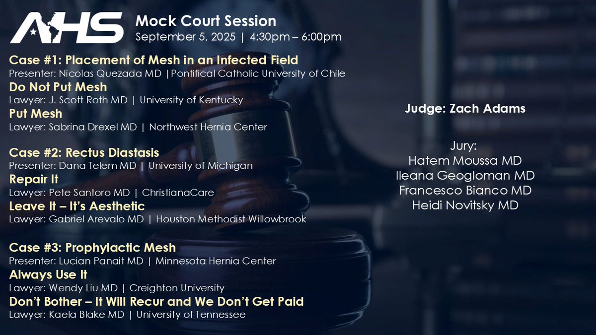 Court is in Session at #AHS25 - AHS Hernia Experts will present their case – you be the judge!
Sept 4-6, 2025 at Renaissance Nashville Hotel

More information: americanherniasociety.org/meetings
Registration opening soon!