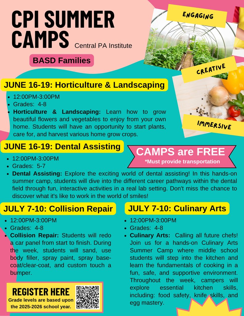 CPI is offering free summer camps for BASD students!  See the attached graphic for specific information.  You can register here: docs.google.com/forms/d/e/1FAI…